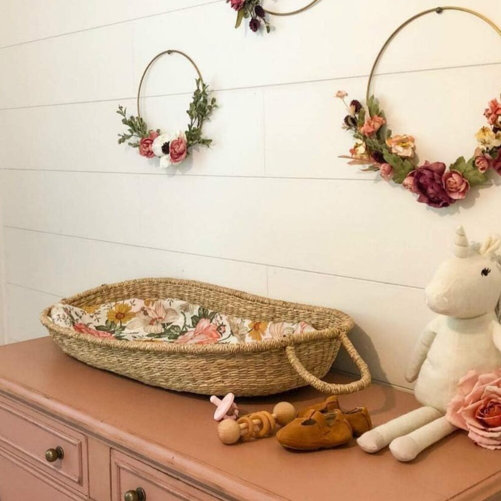 Floral Lined Seagrass Baby Changing Basket - Pink